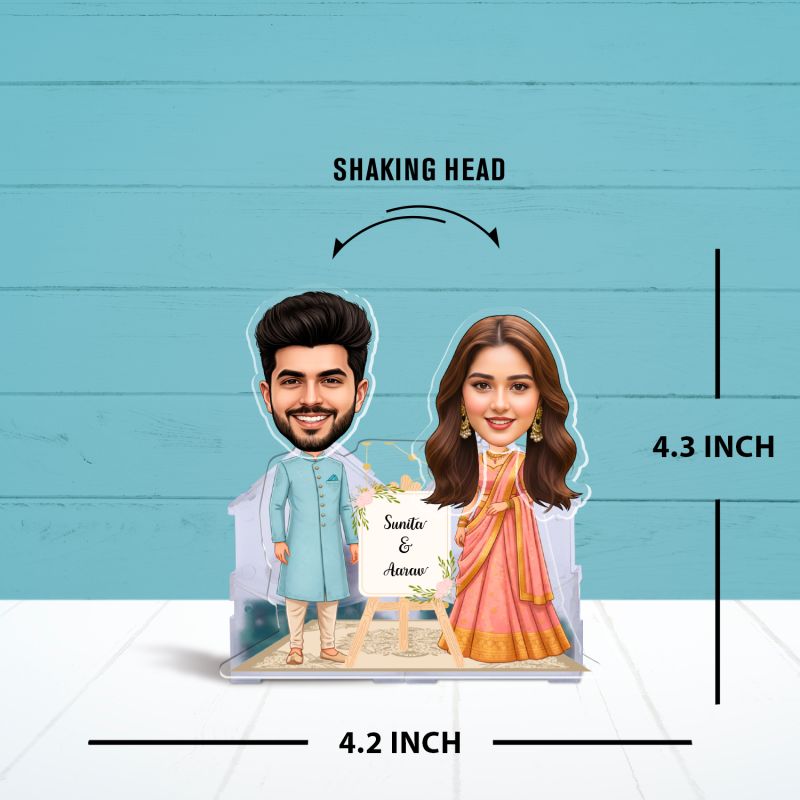 Personalized Indian Couple Bobblehead Caricature with Battery Powered Shaking Head Feature Custom Couple Cartoon Face Cutout Wedding Gift for Friends, Brother, Sister & Colleagues